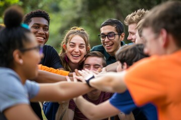 Fototapeta premium Team Building Exercise with Happy Students Enhancing Collaboration and Trust in an Outdoor Setting
