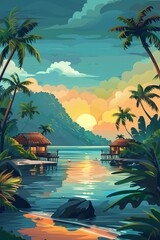 Fototapeta premium Vector illustration of beautiful scenic landscape of tropical sea beach.