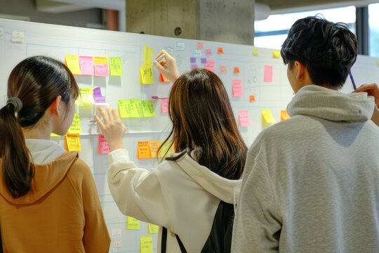 Creative Student Brainstorming Session, Engaging Idea Generation on Whiteboard with Sticky Notes for Class Project