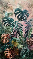 Hand drawn tropical plants, leaves, abstract art drawing. wallpaper, retro pattern Wall Decor Design, Wallpaper, Poster, Card, Mural, Rug, Hanging, Printing. AI generated illustration