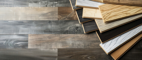 A collection of various wooden flooring samples arranged in a fan pattern, showcasing diverse textures and finishes in a stylish display.