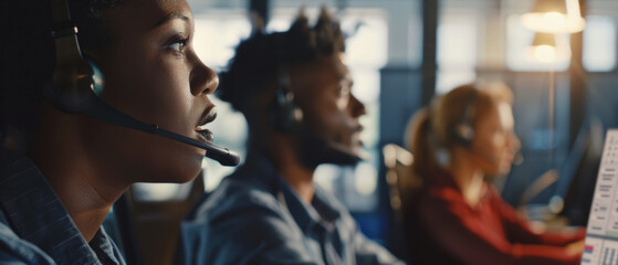 Focused and intense, a call center team wearing headsets work diligently in a modern office environment.