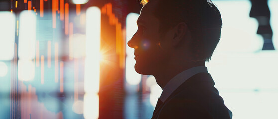 A silhouette of a businessman against a backdrop of digital graphs and sunlight, depicting modern financial insights.