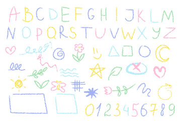 Colored numbers, letters alphabet scribbles wax crayon, kids drawings on white background. Hand drawing.