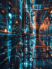 Data science and digital technology combined with computer engineering and programming for data exchange, system control, and data management using AI and business intelligence. hyper realistic 