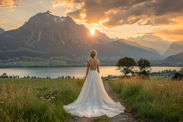 High-Resolution Image of a Blonde European Bride from Behind in Wedding Dress – Sophisticated and Stylish