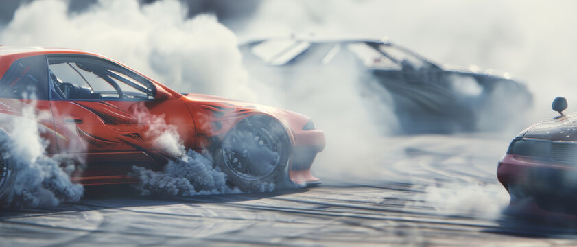 Dynamic action shot of cars drifting, smoke billowing from tires, set against a high-energy racing backdrop, capturing the thrill and intensity of motorsports.