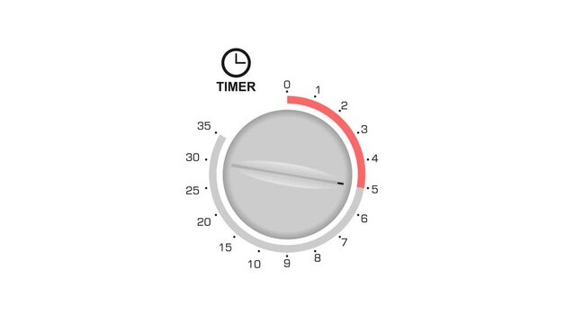 Animated countdown timer from 5 to 35 minute. for cooking for cooking with the analog knob turned. animation video isolated on alpha channel background.