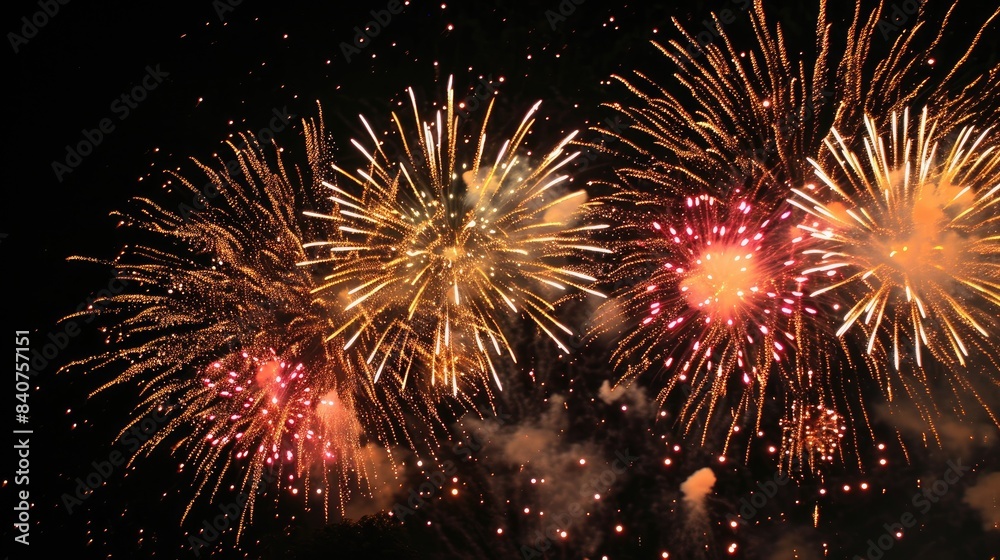 Poster vibrant, colorful fireworks display in night sky., fireworks display with bright explosions creating