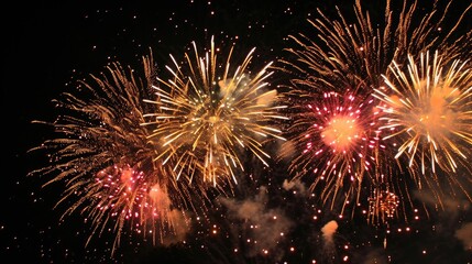 Vibrant, colorful fireworks display in night sky., Fireworks display with bright explosions creating a dazzling spectacle against the black sky