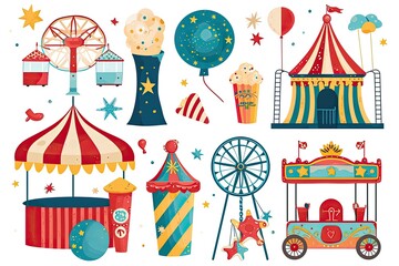 Colorful carnival-themed icons, Vector illustration of a lively carnival themed background with bright and joyful colors