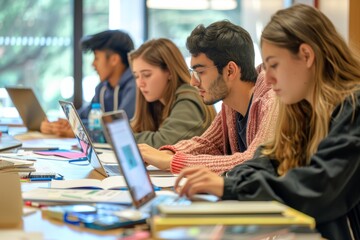 Focused Students Collaborating on Research Project with Laptops and Reference Materials in University Library