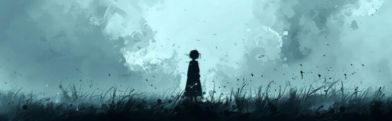 fantasy background of a evocative scene where a solo traveler embarks on a journey through a surreal landscape, where the path ahead is illuminated by the faint glow of abstract feelings and emotions