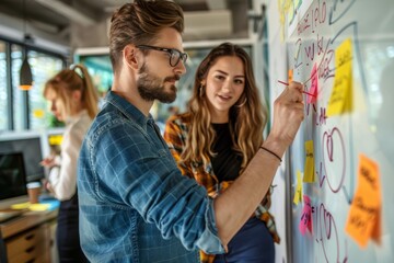 Creative Professionals Brainstorming Ideas on a Whiteboard in a Vibrant Office Space