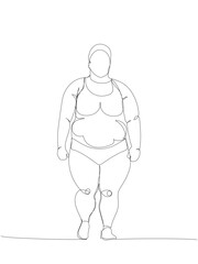 Obese woman in sports swimsuit one line art. Continuous line drawing of body positive, overweight, plus size model, XL, health, fashion, self acceptance.