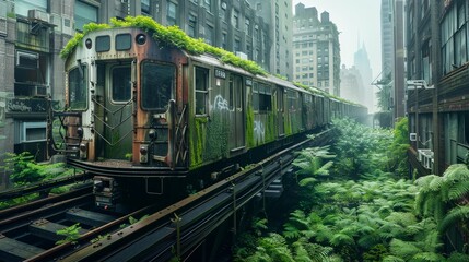 Naklejka premium Abandoned subway train with city debris with green plants growing. Post apocalypse scene.