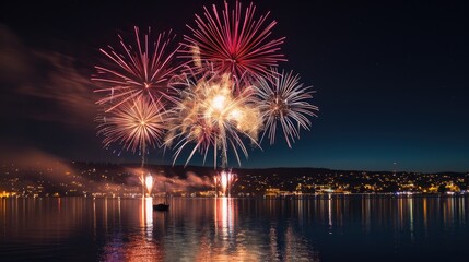 Vibrant nighttime fireworks display, Fireworks photography with a focus on the reflection of the dazzling lights on water, creating a magical ambiance