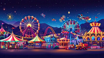 Colorful whimsical amusement park, Fun and energetic carnival background design with a mix of rides and entertainment