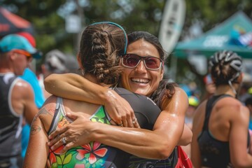Triathlete Celebrating Finish Line with Family in Joyful Hug at Outdoor Sporting Event