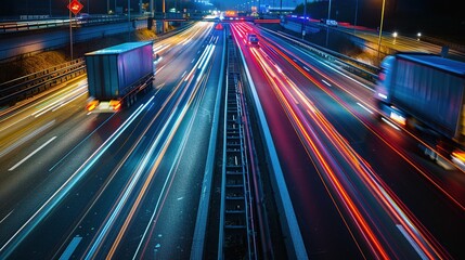 Trucks on highway traveling at high speed on highway at night time, motion blur, light trails.