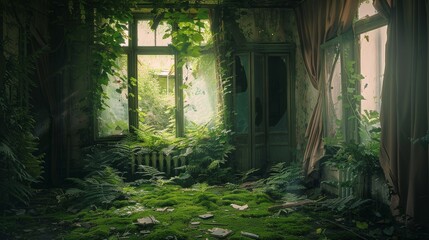Interior view of abandoned city building with green plants growing. Post apocalypse scene.