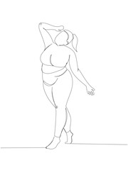 fat girl in lingerie posing one line art. Continuous line drawing of body positive, overweight, plus size model, XL, health, fashion, self acceptance.