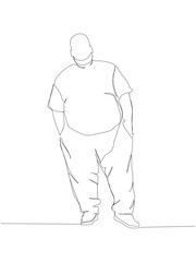obese man in a tracksuit one line art. Continuous line drawing of body positive, overweight, plus size model, XL, health, fashion, self acceptance.