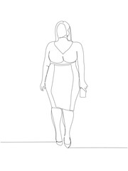 curvy girl in an elegant dress, beautiful figure one line art. Continuous line drawing of body positive, overweight, plus size model, XL, health, fashion, self acceptance.