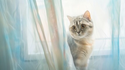 Cute cat peeking through sheer curtains, curious and playful