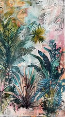Hand drawn tropical plants, leaves, abstract art drawing. wallpaper, retro pattern Wall Decor Design, Wallpaper, Poster, Card, Mural, Rug, Hanging, Printing. AI generated illustration