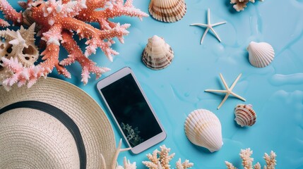 Seashells, part of a hat, small plane and smartphone, Live coral background. Flat lay. Travel concept