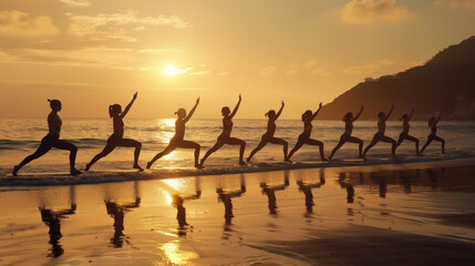 A group of people practice yoga on a beach during a stunning sunset, capturing synchronized poses with the ocean and mountains in the backdrop.
