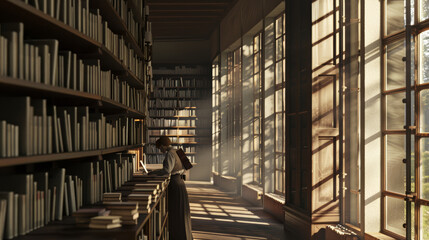 Obraz premium A majestic library bathed in soft light with high bookshelves and a solitary figure lost in a book, surrounded by a serene and intellectual ambiance.