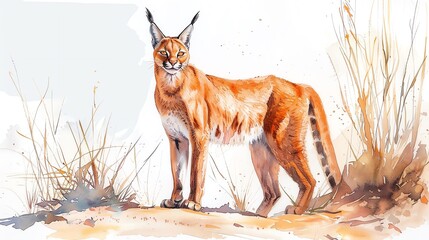 Watercolor painting of a Caracal sitting in the desert.