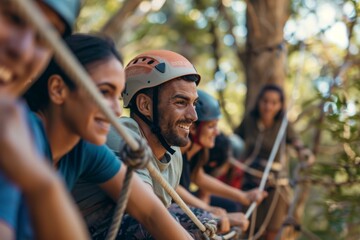 Team Building Adventure: Coworkers Collaborating on Ropes Course in Outdoor Setting