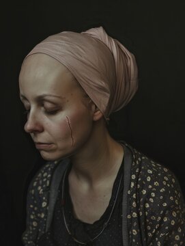 jeune femme chauve souffrant alop&Atilde;&copy;cie suite &Atilde;&nbsp; un traitement de chimioth&Atilde;&copy;rapie pour soigner un cancer, espace pour texte sur le c&Atilde;&acute;t&Atilde;&copy; hyper realistic 