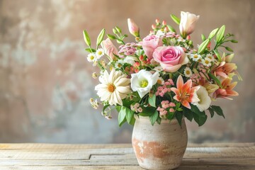 Vibrant Floral Bouquet of Roses, Lilies, and Daisies in Rustic Vase on Wooden Table for Home Décor