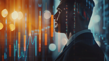 A reflective businessman gazes at dynamic financial graphs, juxtaposing his sharp silhouette against the vibrant orange and blue data visualization.