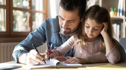 A father helps his young daughter with her homework, sitting together at a wooden table with warm sunlight streaming through the window.