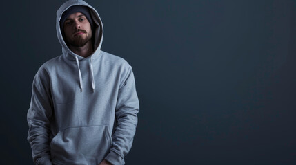 A young man in a gray hoodie stands against a dark, moody backdrop, exuding a sense of introspection and modern urban style.