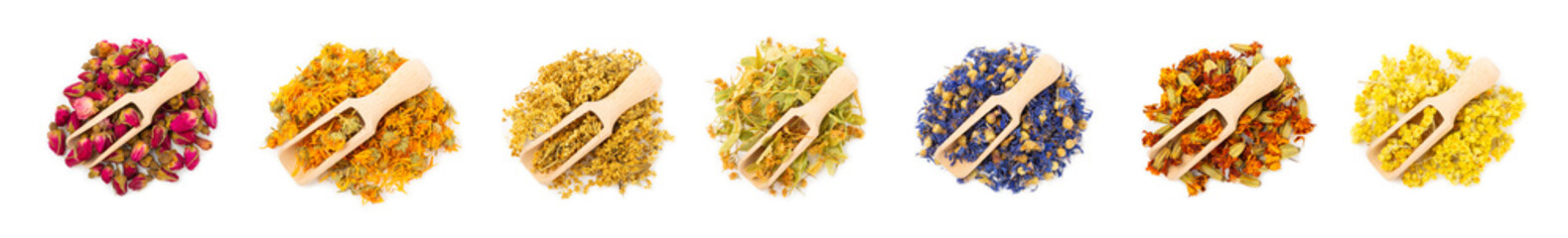 Assortment of dry herbal and berry tea isolated on a white background. Tea party concept. medicinal...