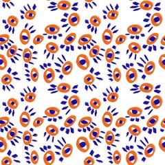 Fototapeta premium Seamless abstract geometric pattern. Blue, orange, white. Digital brush strokes. Circles, ovals, eyes. Design for textile fabrics, wrapping paper, background, wallpaper, cover.