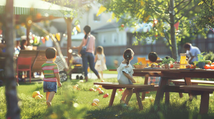 Children in a garden playground with picnic tables, colorful decorations, and a bright, joyful atmosphere on a sunny day. - Powered by Adobe