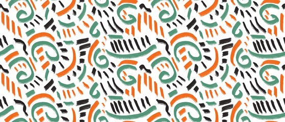Seamless abstract textured pattern. Black, orange, green, white. Circles, rings, lines. Digital brush strokes. Design for textile fabrics, wrapping paper, background, wallpaper, cover.