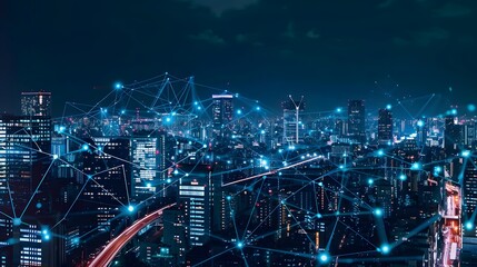 Obraz premium Skyline of a futuristic city digital and blue where technology merges with urban aspirations