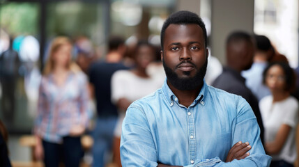 Obraz premium A confident man in casual attire stands with arms crossed, surrounded by a blurred, bustling crowd in a modern setting.