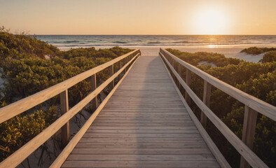 Fototapeta premium Long Boardwalk to White Sand Beach and Ocean at Sunset with Shrubs on Sides