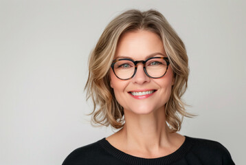 Fototapeta premium Portrait of a beautiful mature woman over 40 y.o, smiling with clean white teeth. To advertise dentistry or ophthalmology. A woman with glasses and a stylish hairstyle. Isolated on a white background