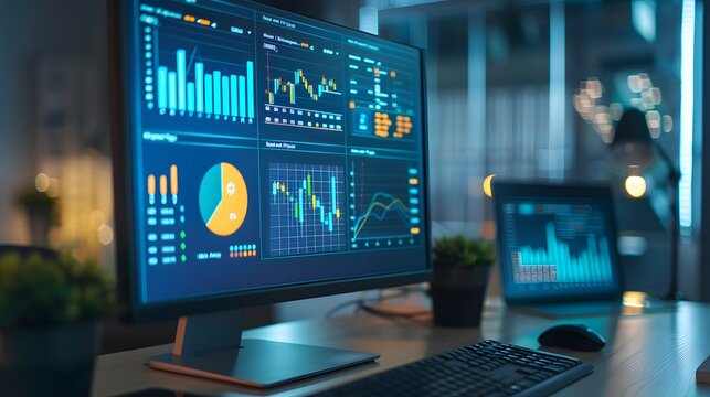 Multiple computer monitors displaying data analysis graphs and charts.
