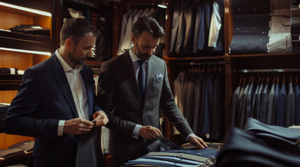 Two men in formal suits examining and discussing fabric samples in a high-end men's clothing store.